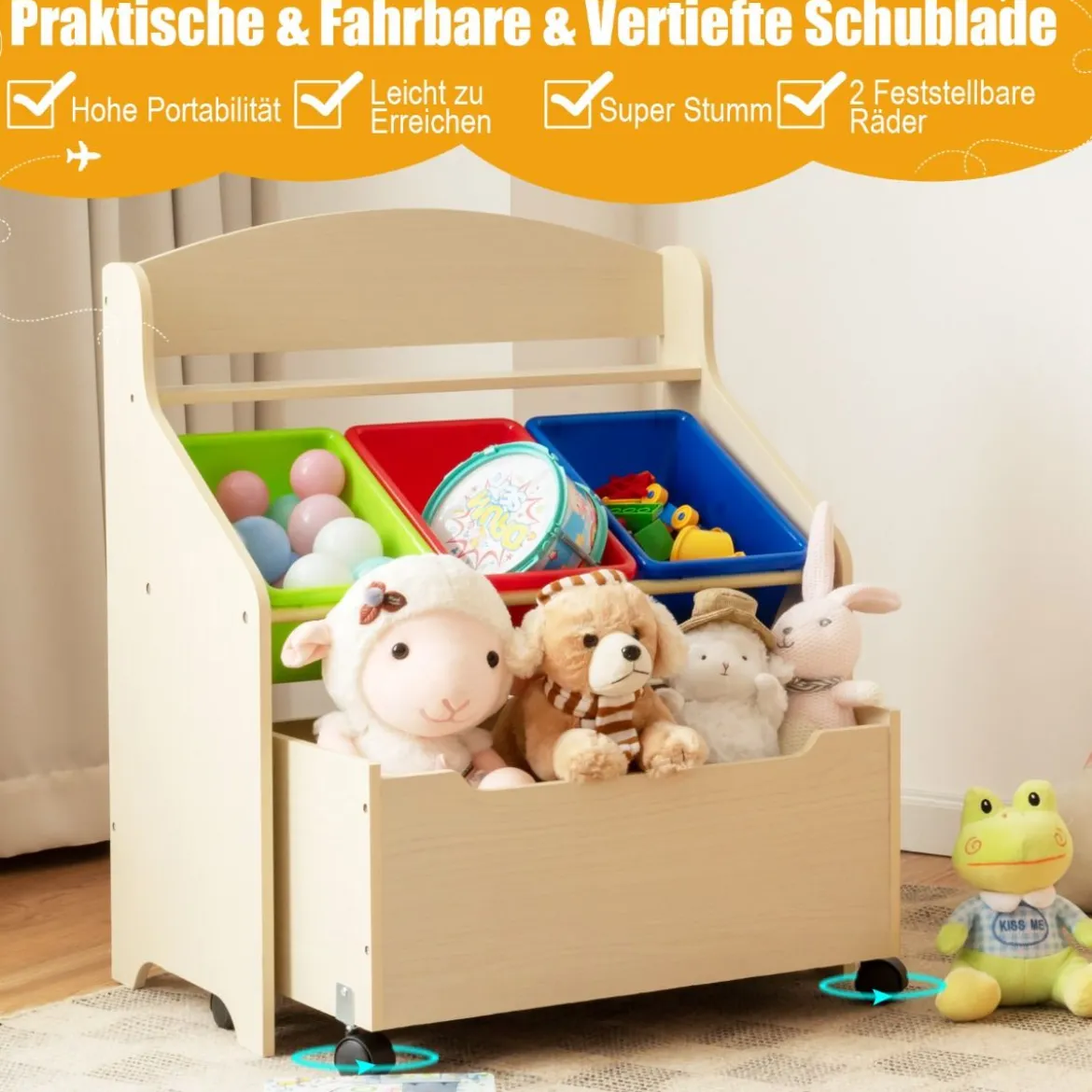 SpielzeugregalHölzerner Kinderschrank mit Rollen Bücherregal Spielzeugablage für Kinder Natur