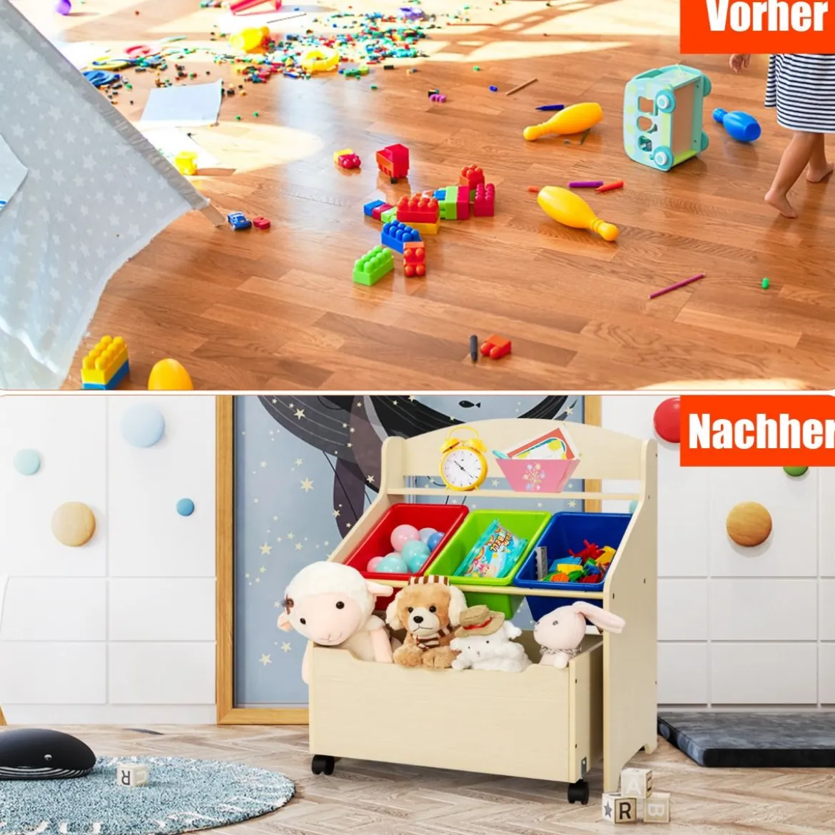 SpielzeugregalHölzerner Kinderschrank mit Rollen Bücherregal Spielzeugablage für Kinder Natur