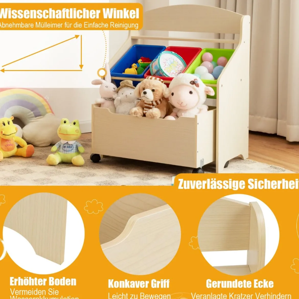SpielzeugregalHölzerner Kinderschrank mit Rollen Bücherregal Spielzeugablage für Kinder Natur