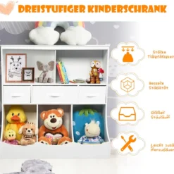 Spielzeugregal mit 5 Fächern & 3 Schubladen Kinderregal Spielzeug Organizer 93 x 40 x 94 cm Weiß