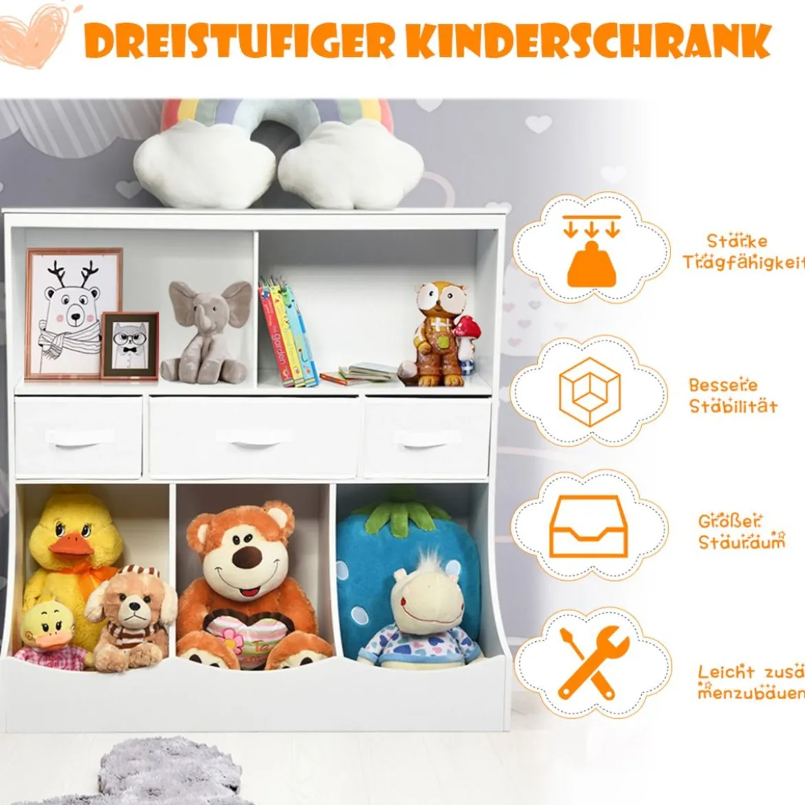 Spielzeugregal mit 5 Fächern & 3 Schubladen Kinderregal Spielzeug Organizer 93 x 40 x 94 cm Weiß
