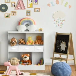 Spielzeugregal mit 5 Fächern & 3 Schubladen Kinderregal Spielzeug Organizer 93 x 40 x 94 cm Weiß