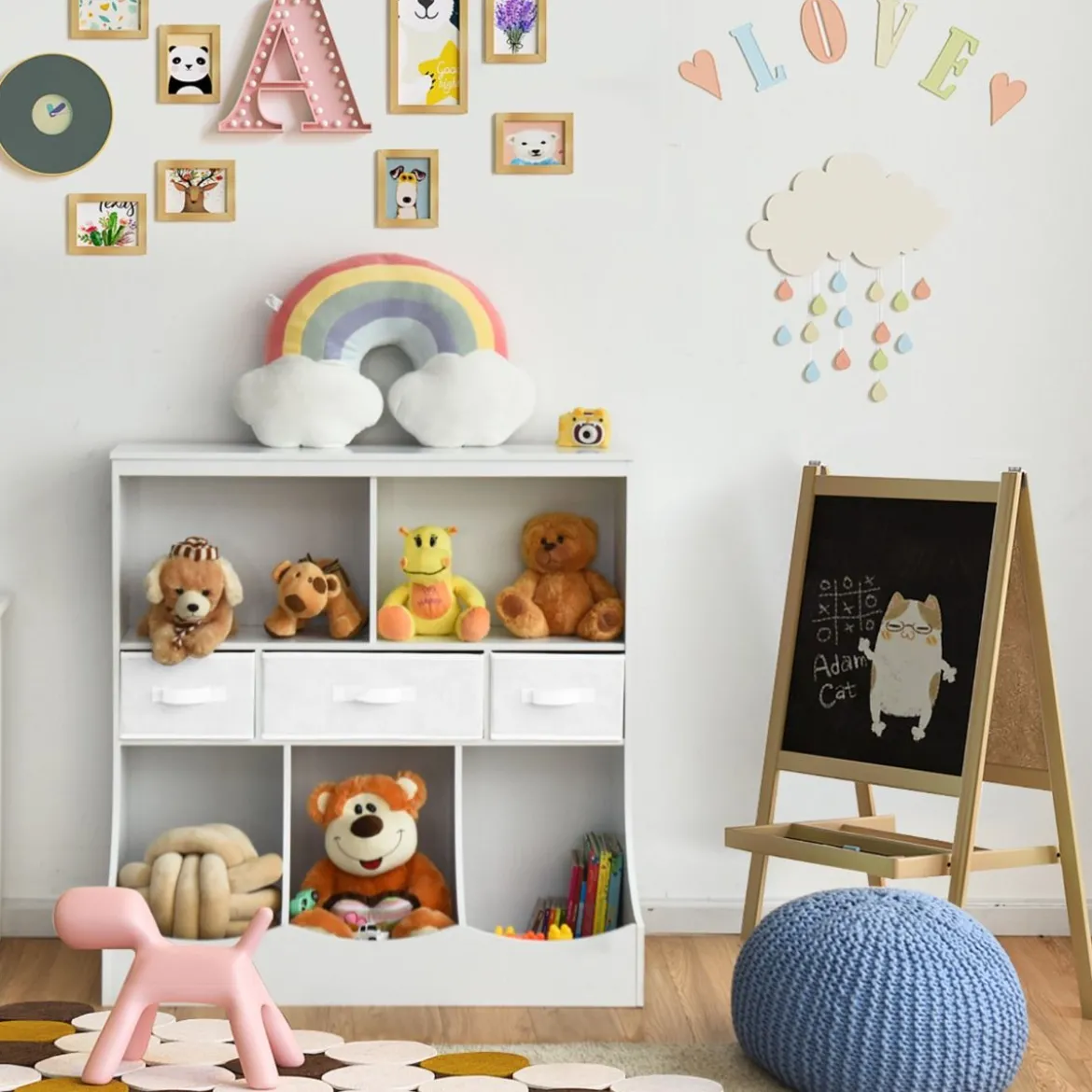 Spielzeugregal mit 5 Fächern & 3 Schubladen Kinderregal Spielzeug Organizer 93 x 40 x 94 cm Weiß