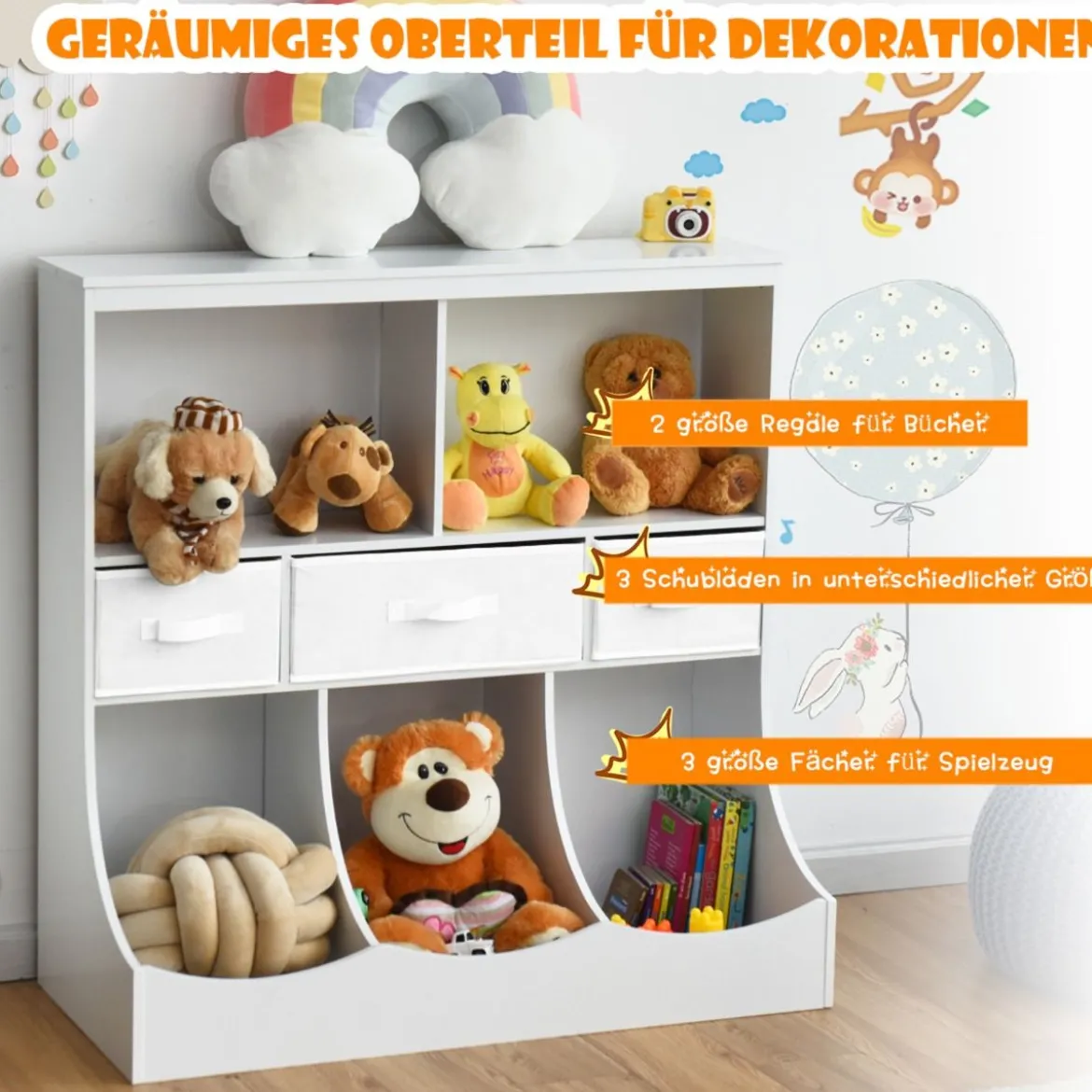 Spielzeugregal mit 5 Fächern & 3 Schubladen Kinderregal Spielzeug Organizer 93 x 40 x 94 cm Weiß