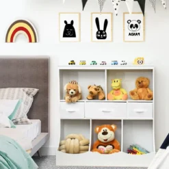 Spielzeugregal mit 5 Fächern & 3 Schubladen Kinderregal Spielzeug Organizer 93 x 40 x 94 cm Weiß