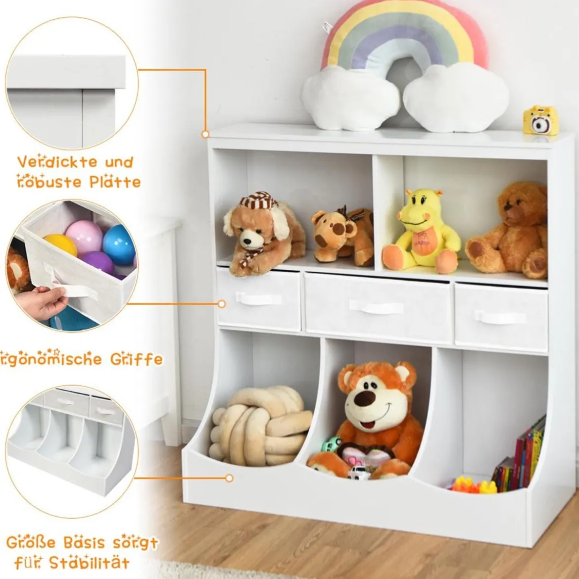 Spielzeugregal mit 5 Fächern & 3 Schubladen Kinderregal Spielzeug Organizer 93 x 40 x 94 cm Weiß
