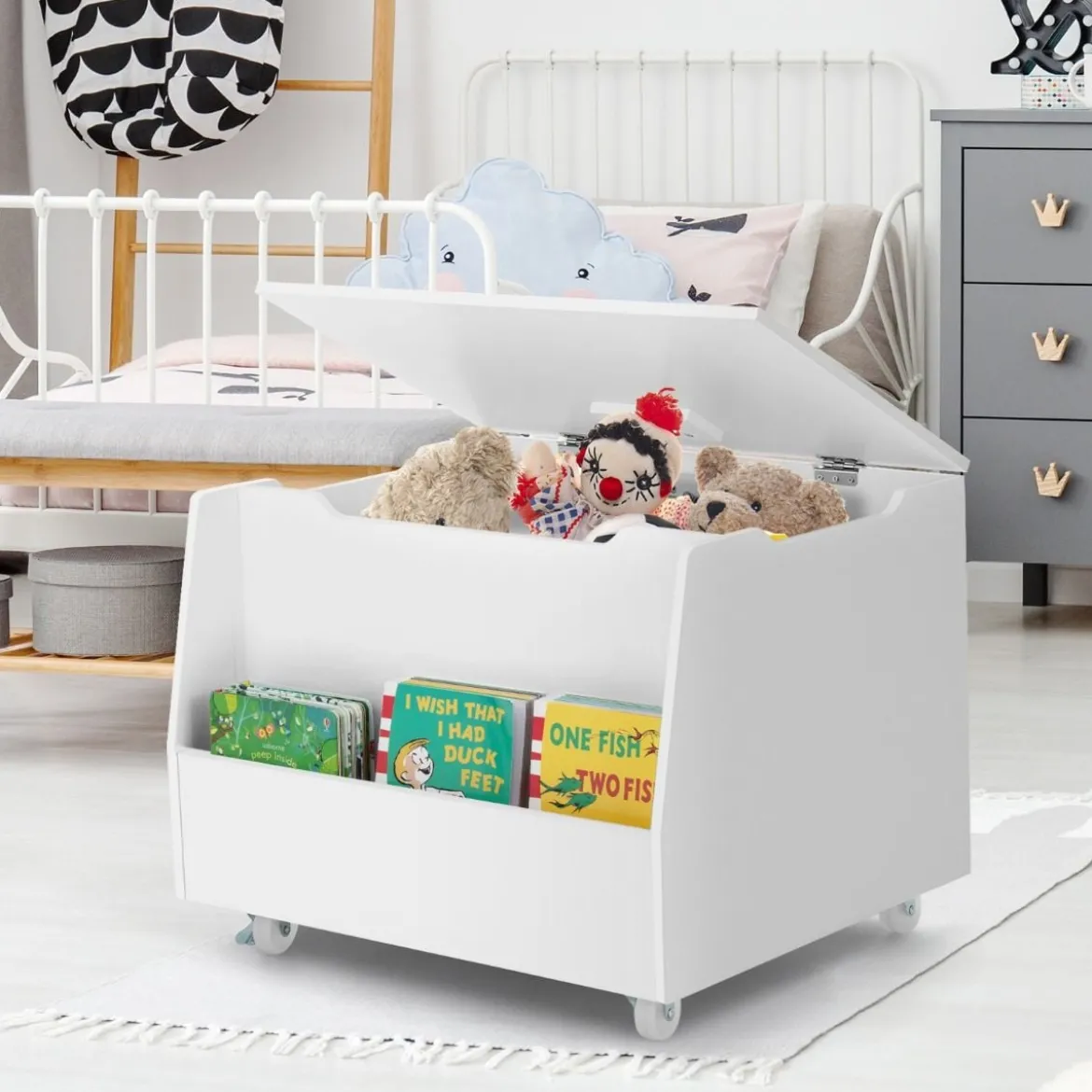 Spielzeugtruhe für Kinder Kindertruhe Holz mit Bücherregal & Deckel 60 x 48 x 46,5 cm Weiß