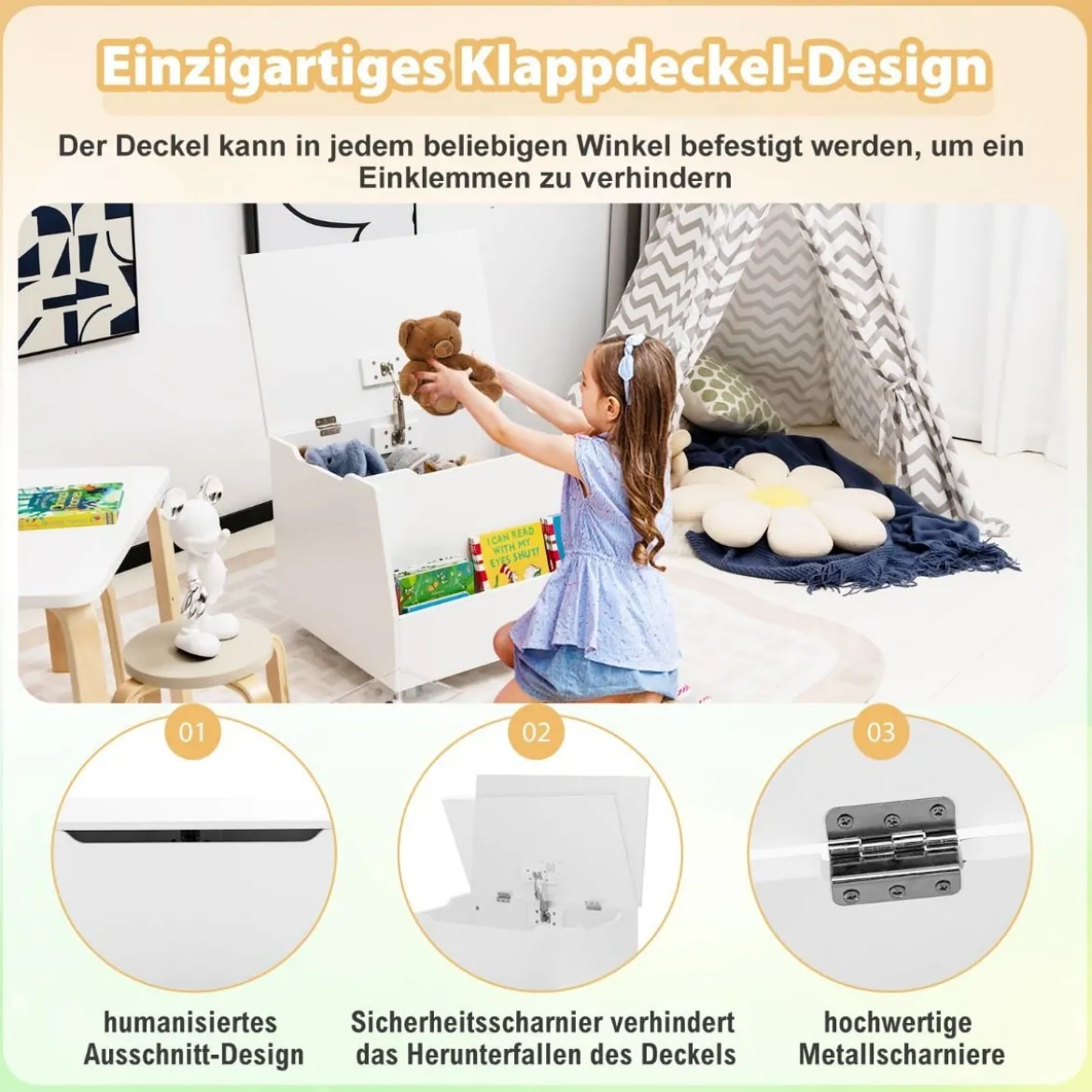 Spielzeugtruhe für Kinder Kindertruhe Holz mit Bücherregal & Deckel 60 x 48 x 46,5 cm Weiß