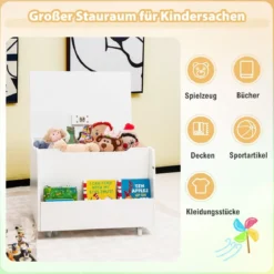 Spielzeugtruhe für Kinder Kindertruhe Holz mit Bücherregal & Deckel 60 x 48 x 46,5 cm Weiß