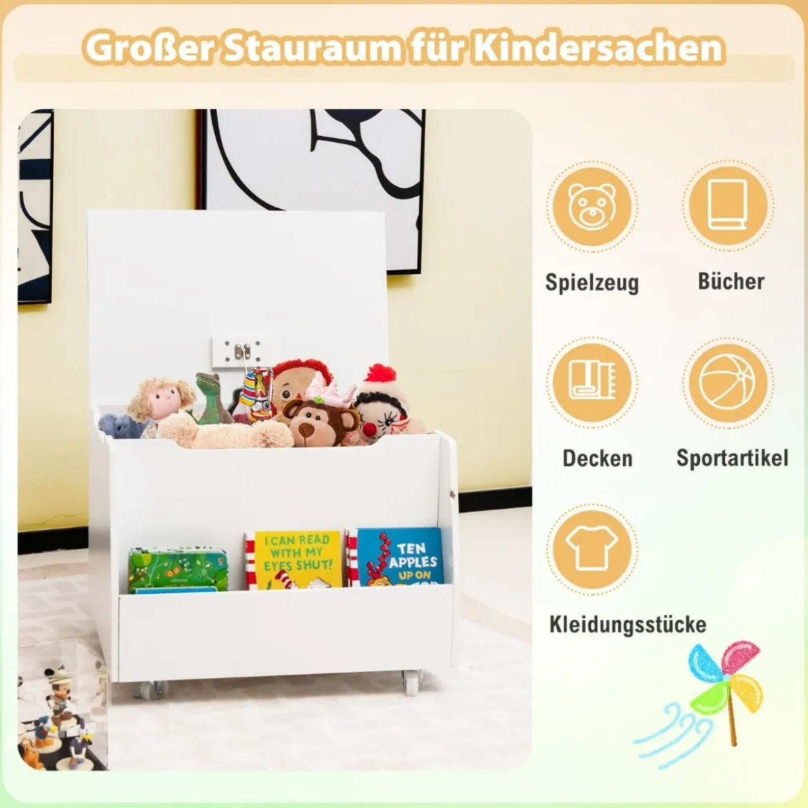 Spielzeugtruhe für Kinder Kindertruhe Holz mit Bücherregal & Deckel 60 x 48 x 46,5 cm Weiß