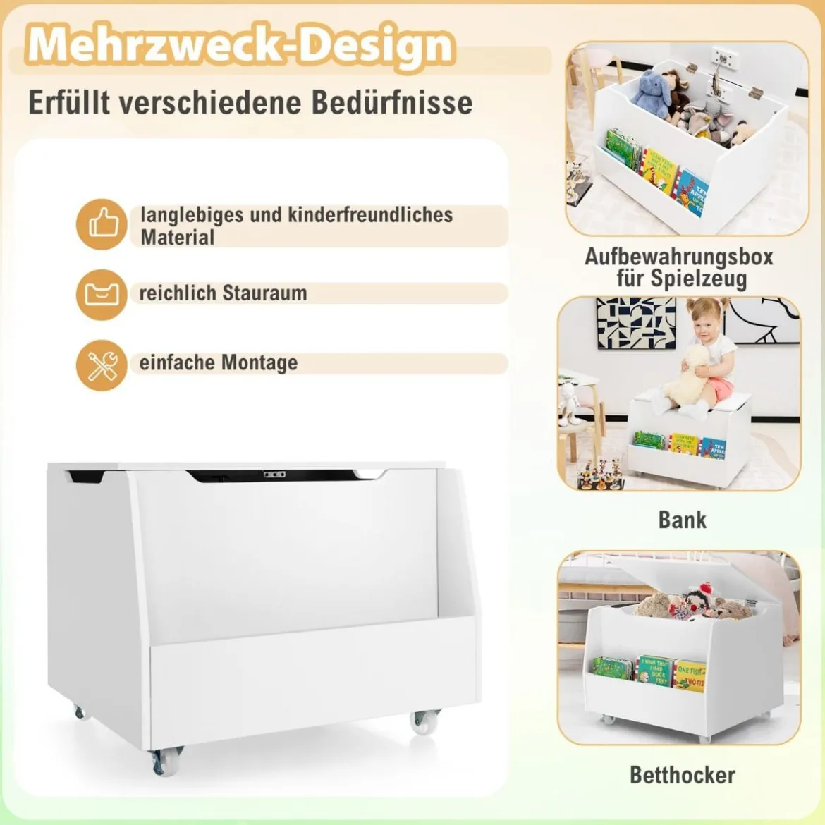 Spielzeugtruhe für Kinder Kindertruhe Holz mit Bücherregal & Deckel 60 x 48 x 46,5 cm Weiß