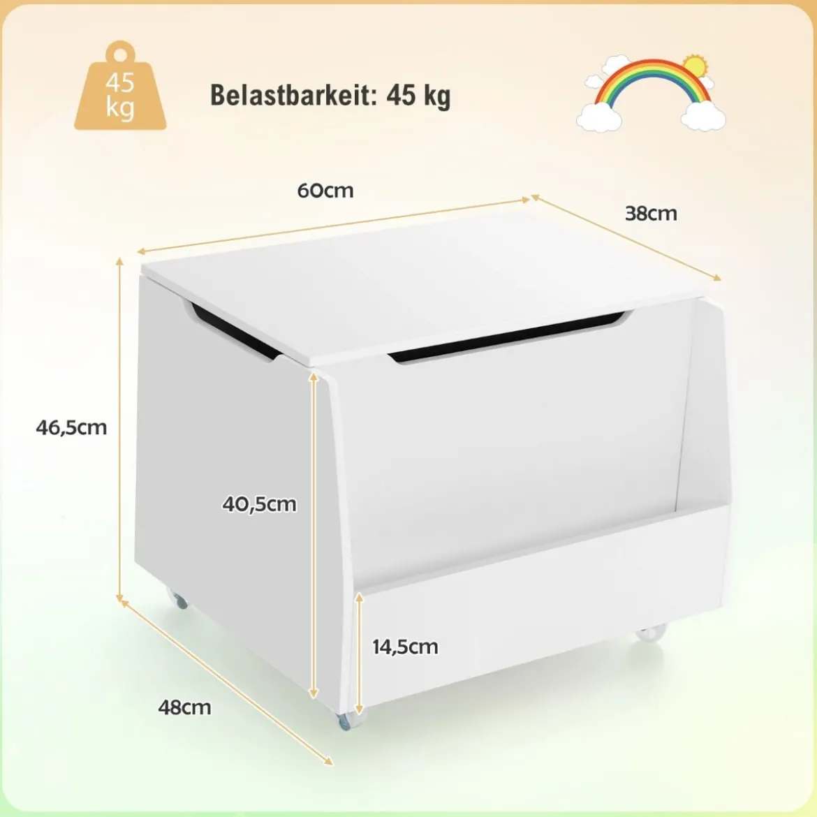 Spielzeugtruhe für Kinder Kindertruhe Holz mit Bücherregal & Deckel 60 x 48 x 46,5 cm Weiß