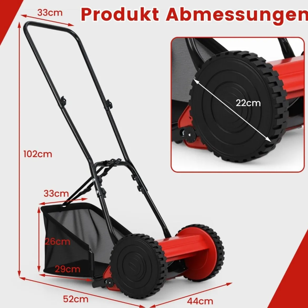 Spindelmäher handgeführter Rasenmäher mit 30 cm Schnittbreite 18,5 Liter Fangkorb Rot