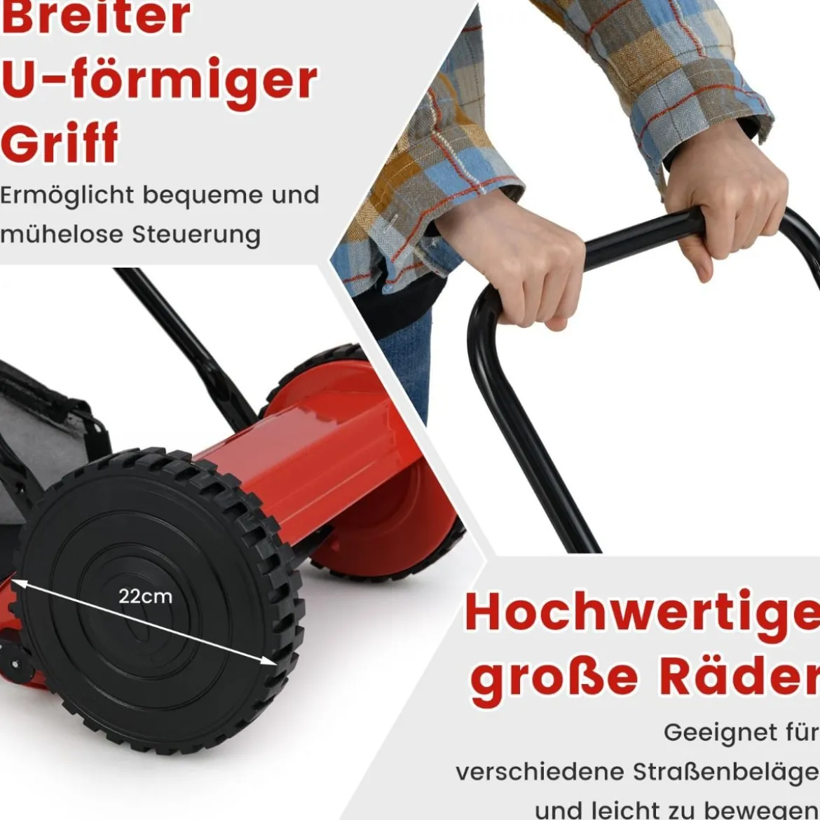Spindelmäher handgeführter Rasenmäher mit 30 cm Schnittbreite 18,5 Liter Fangkorb Rot