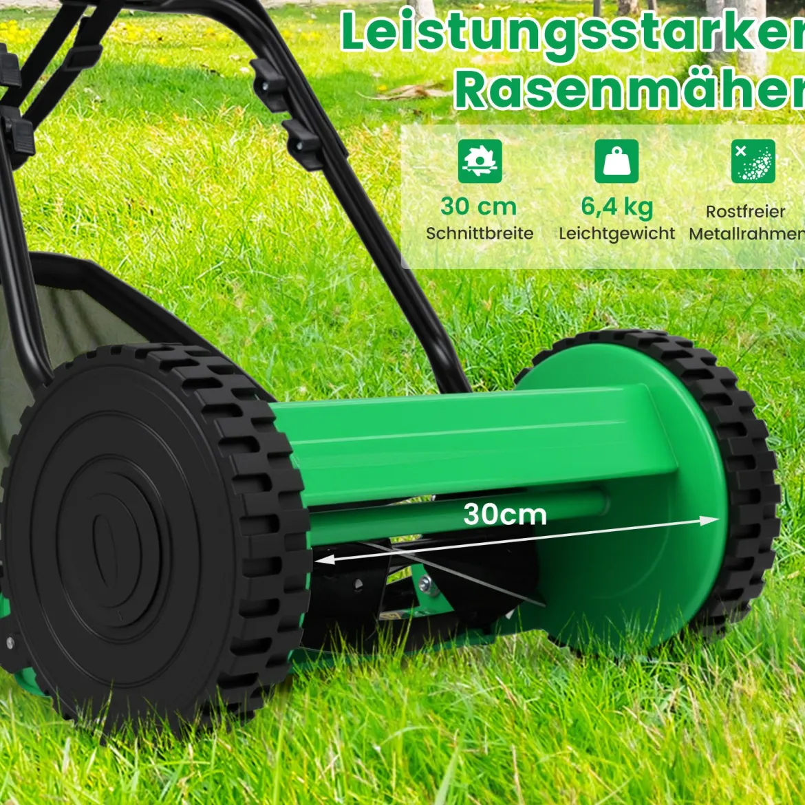 Spindelmäher Handgeführter Rasenmäher mit 30 cm Schnittbreite 18,5 Liter Fangkorb Grün