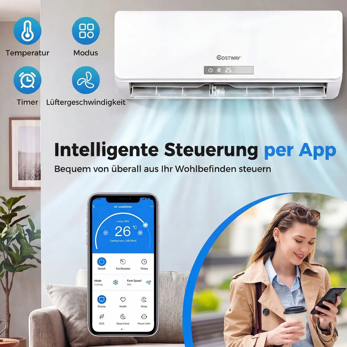 Split Klimaanlage 9000 BTU 3,4kW Inverter Klimagerät mit Heizfunktion Air Conditioner mit WiFi & App