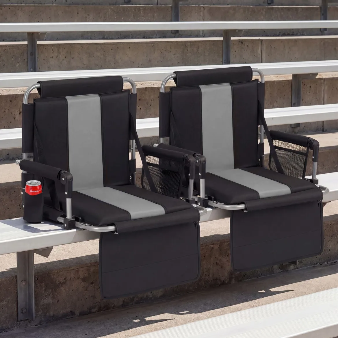 Stadionsitz mit Rückenlehne Klappbarer Tribünenstuhl mit Aufbewahrungstasche & Getränkehalter Grau/Rot