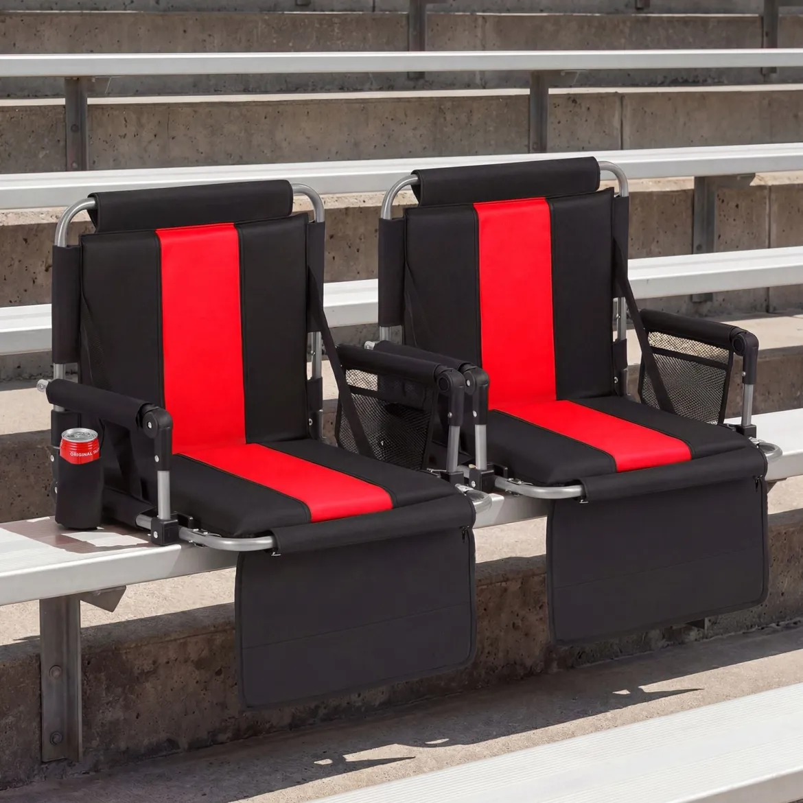 Stadionsitz mit Rückenlehne Klappbarer Tribünenstuhl mit Aufbewahrungstasche & Getränkehalter Grau/Rot