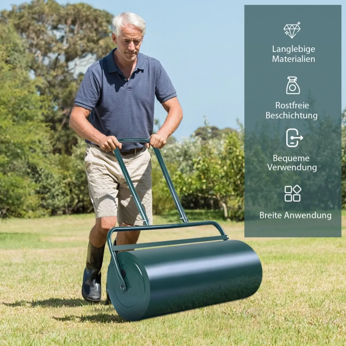 Stahl Rasenroller mit Wasser und Sand Walze Rasenroller mit schwerer Walze Handwalze mit U-förmigem Griff Grün