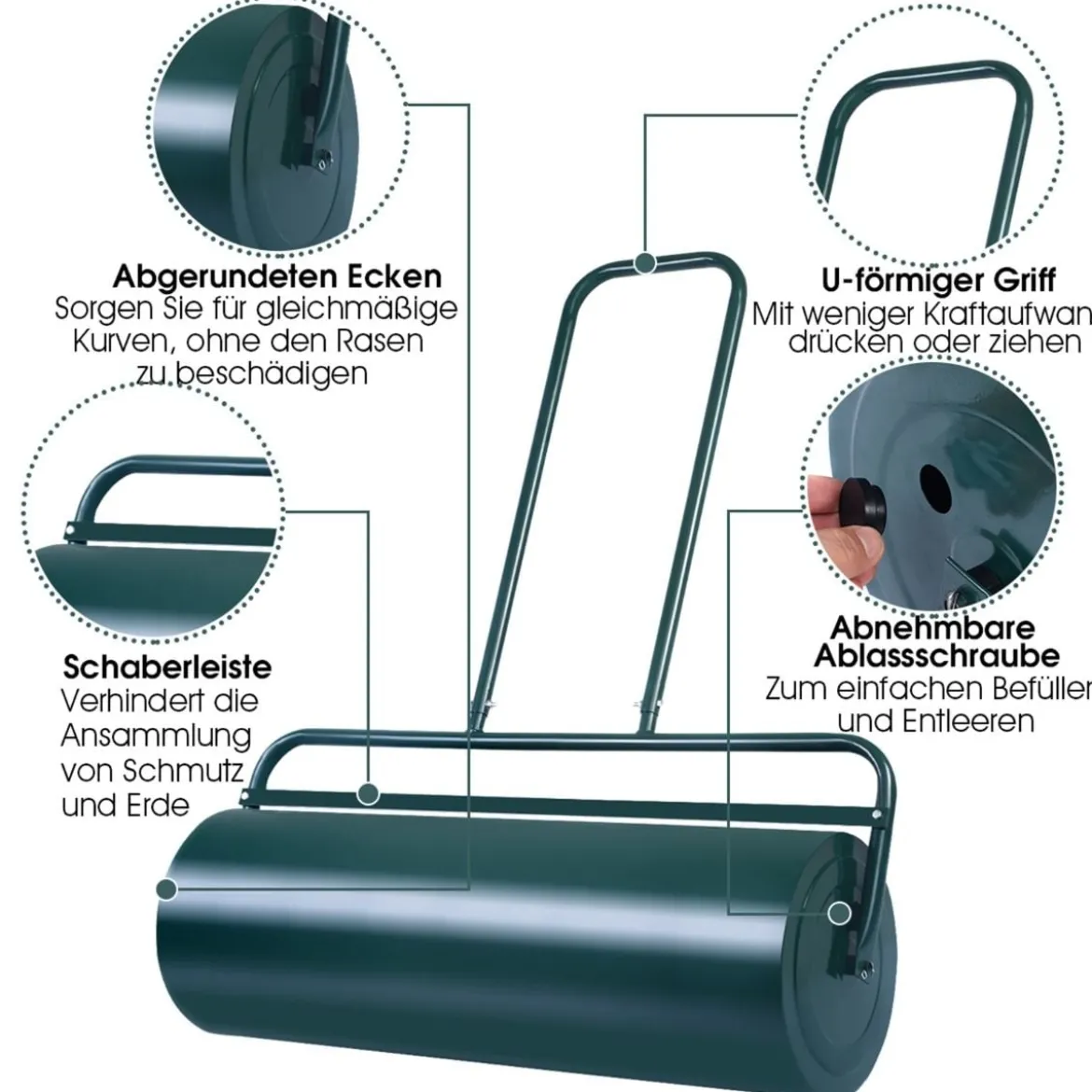 Stahl Rasenroller mit Wasser und Sand Walze Rasenroller mit schwerer Walze Handwalze mit U-förmigem Griff Grün