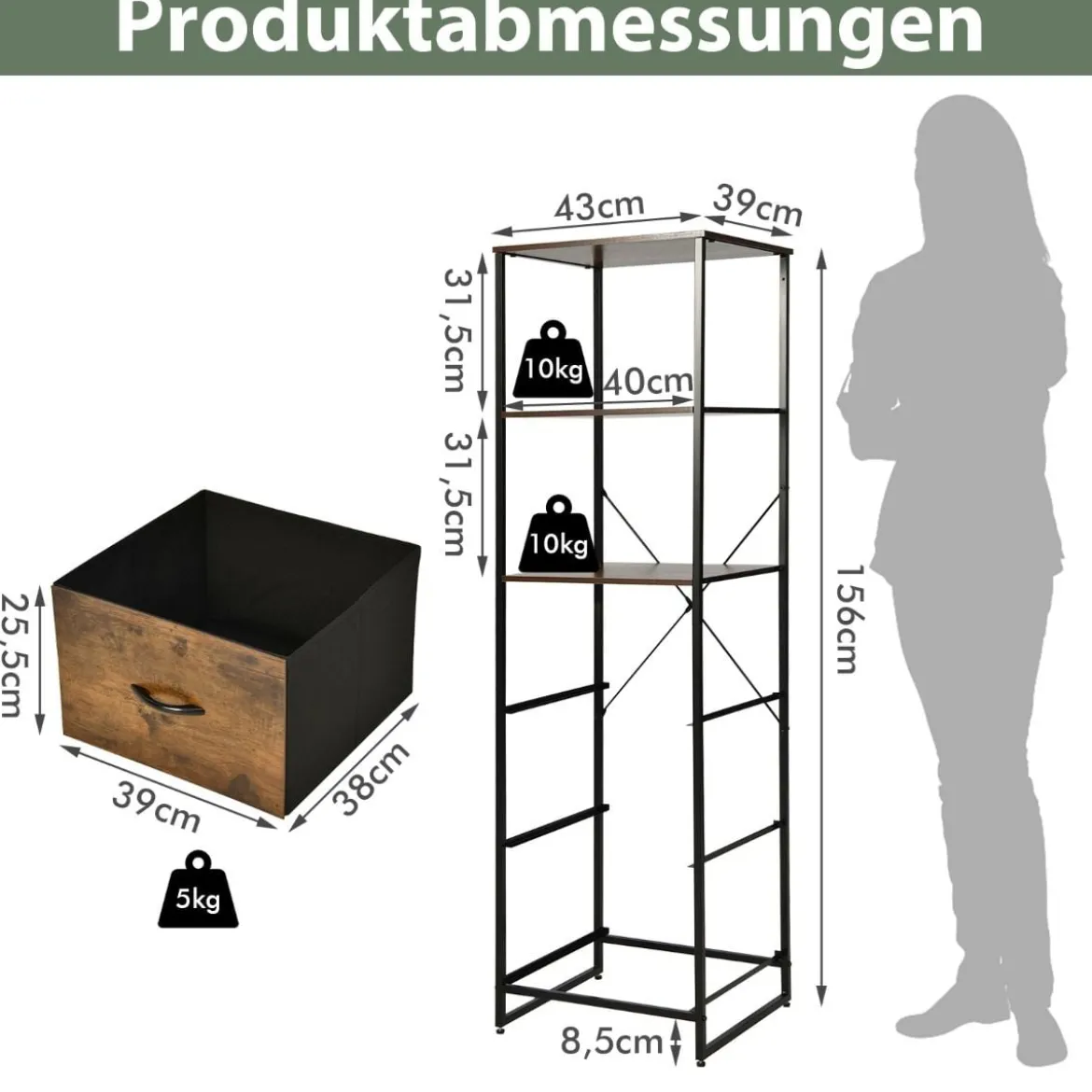 Standregal Bücherregal Aufbewahrungsschrank mit Schubladen 43 x 39 x 156 cm Braun