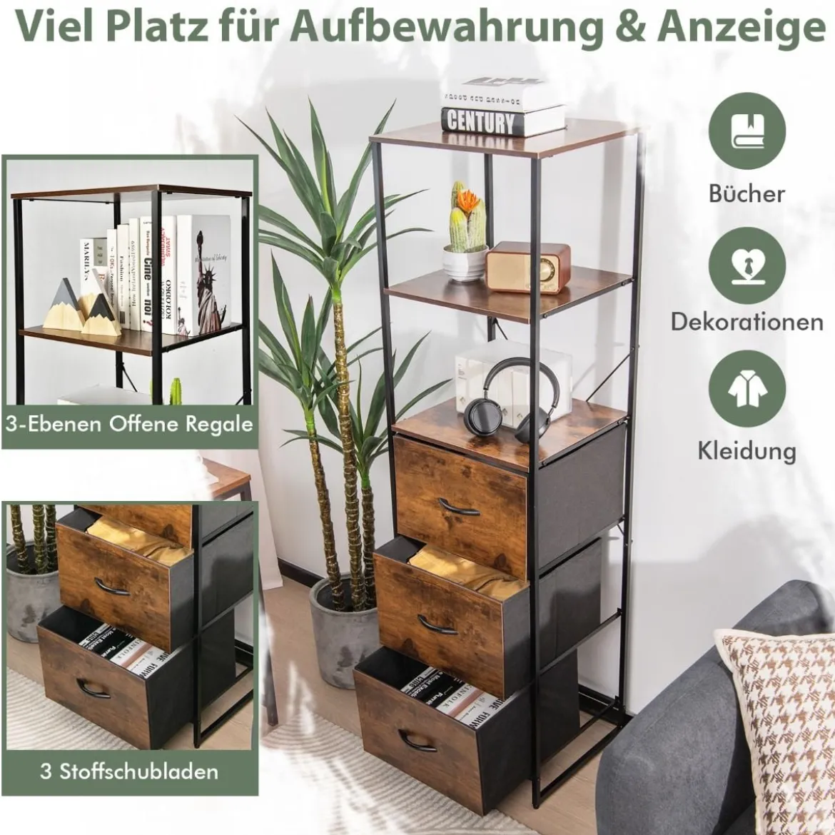 Standregal Bücherregal Aufbewahrungsschrank mit Schubladen 43 x 39 x 156 cm Braun