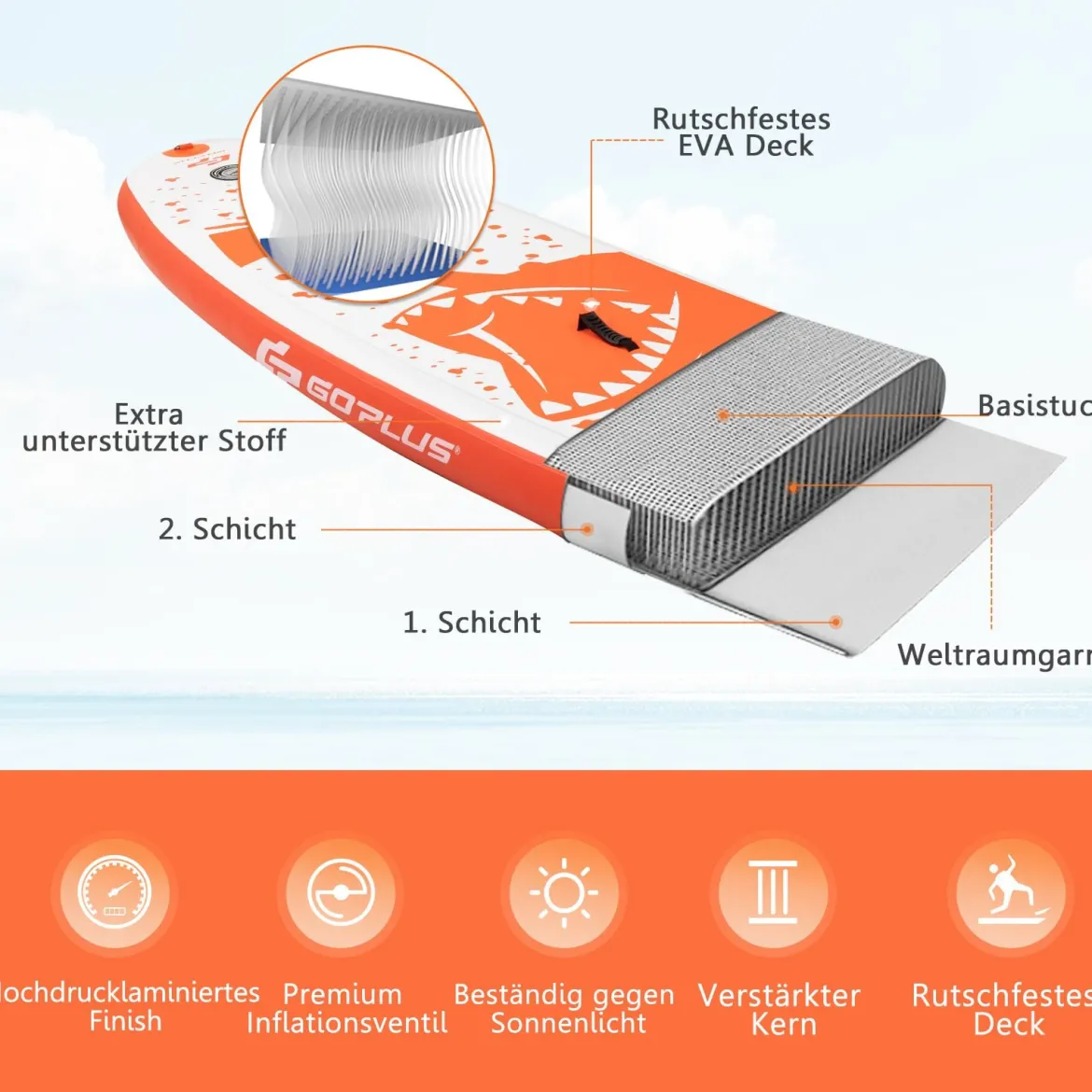 Stand Up Paddle Board Paddelbrett mit Tragetasche 320 x 76 x 15 cm Hai-Muster Orange + Weiß