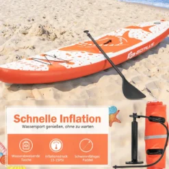Stand Up Paddle Board Paddelbrett mit Tragetasche 320 x 76 x 15 cm Hai-Muster Orange + Weiß