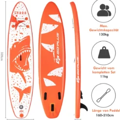 Stand Up Paddle Board Paddelbrett mit Tragetasche 320 x 76 x 15 cm Hai-Muster Orange + Weiß