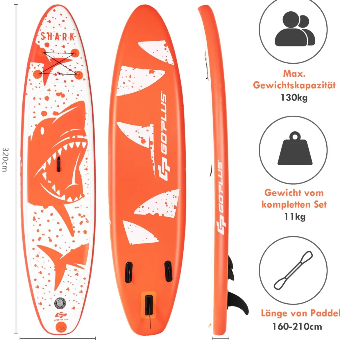 Stand Up Paddle Board Paddelbrett mit Tragetasche 320 x 76 x 15 cm Hai-Muster Orange + Weiß