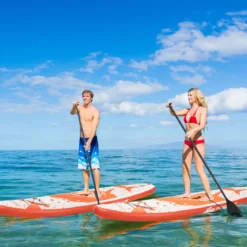 Stand Up Paddle Board Paddelbrett mit Tragetasche 320 x 76 x 15 cm Hai-Muster Orange + Weiß