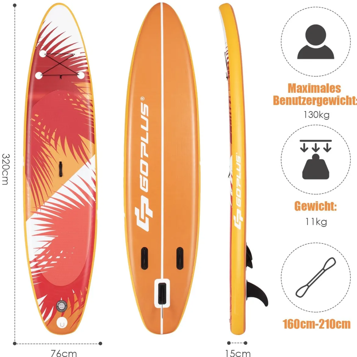 Stand Up Paddle Board tragbares Surfbrett Aufblasbar 320 x 76 x 15 cm Orange