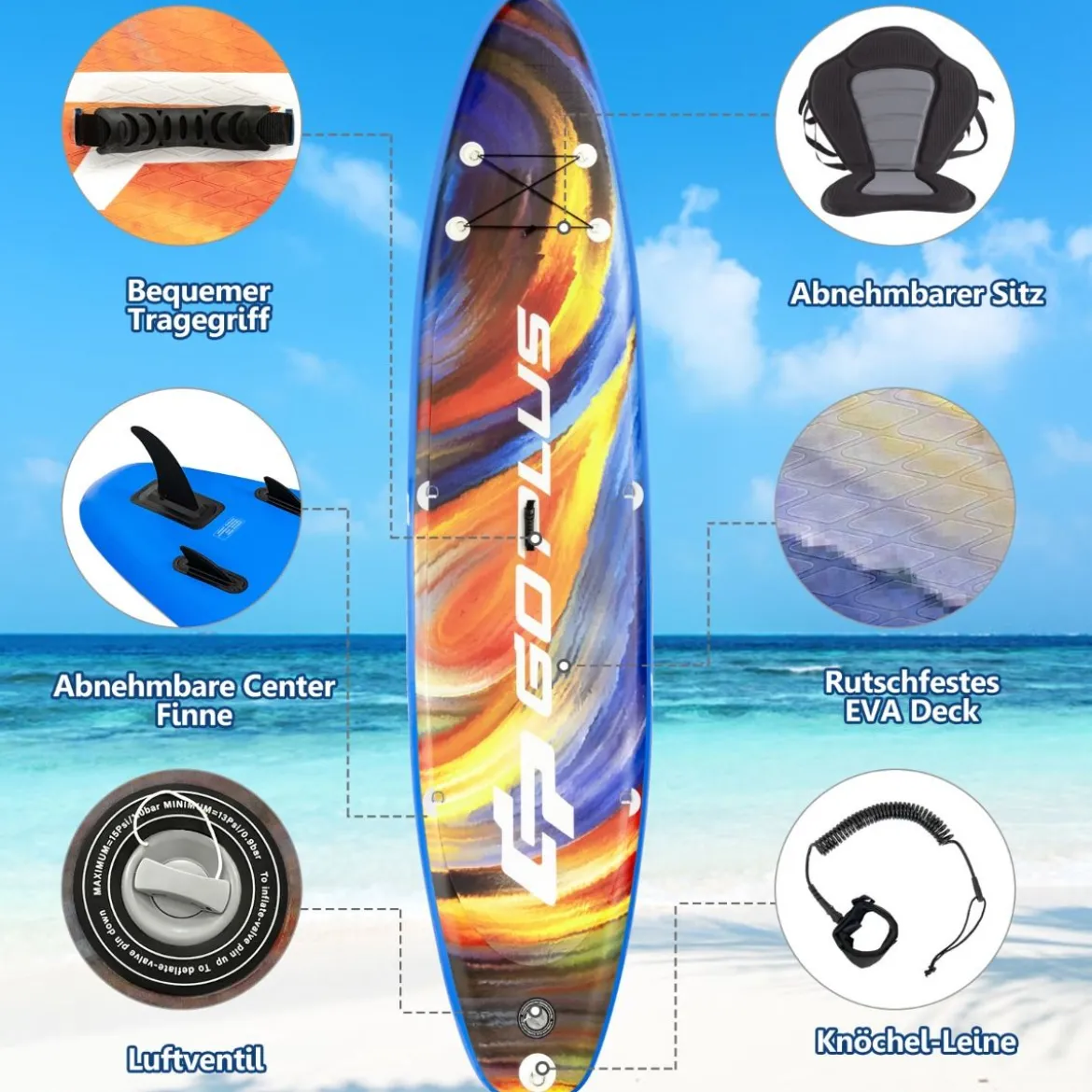 Stand Up Paddling Board Rucksack Pumpe verstellbares Paddel Sicherheitsleine Bungee-Seil und Reparaturset Blau