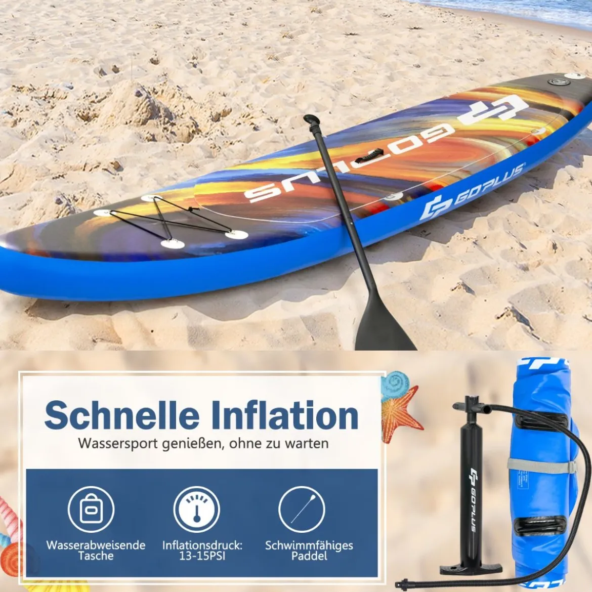 Stand Up Paddling Board Rucksack Pumpe verstellbares Paddel Sicherheitsleine Bungee-Seil und Reparaturset Blau