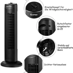 Standventilator schlank & kompakter Turmventilator Säulenventilator 70cm hoch mit 45 Nennleistung im eleganten Schwarz