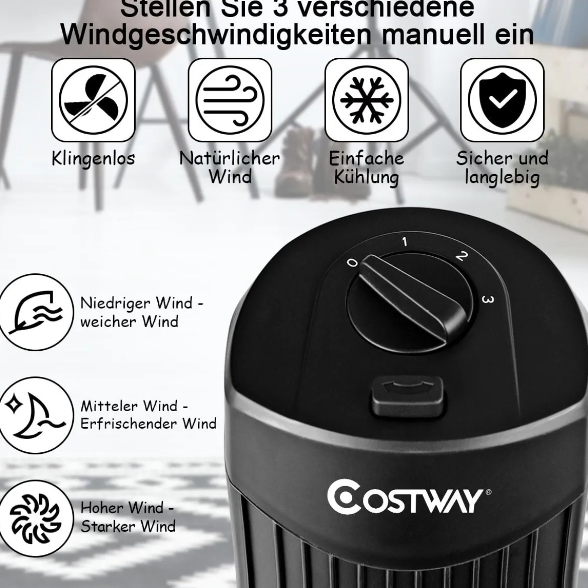 Standventilator schlank & kompakter Turmventilator Säulenventilator 70cm hoch mit 45 Nennleistung im eleganten Schwarz