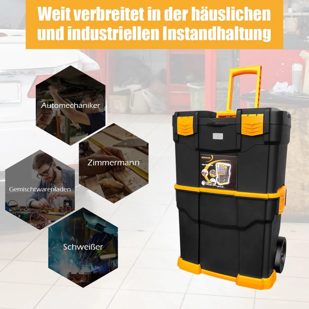 Stapelbare Rollende Werkzeugkasten mit Klappbarem Griff & Abnehmbarem oberem Teil