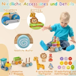 Stapelbares Zug-Set aus Holz mit bunten Tierfiguren & lustigen Holzwaggons für Jungen & Mädchen ab 3 Jahren