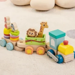 Stapelbares Zug-Set aus Holz mit bunten Tierfiguren & lustigen Holzwaggons für Jungen & Mädchen ab 3 Jahren