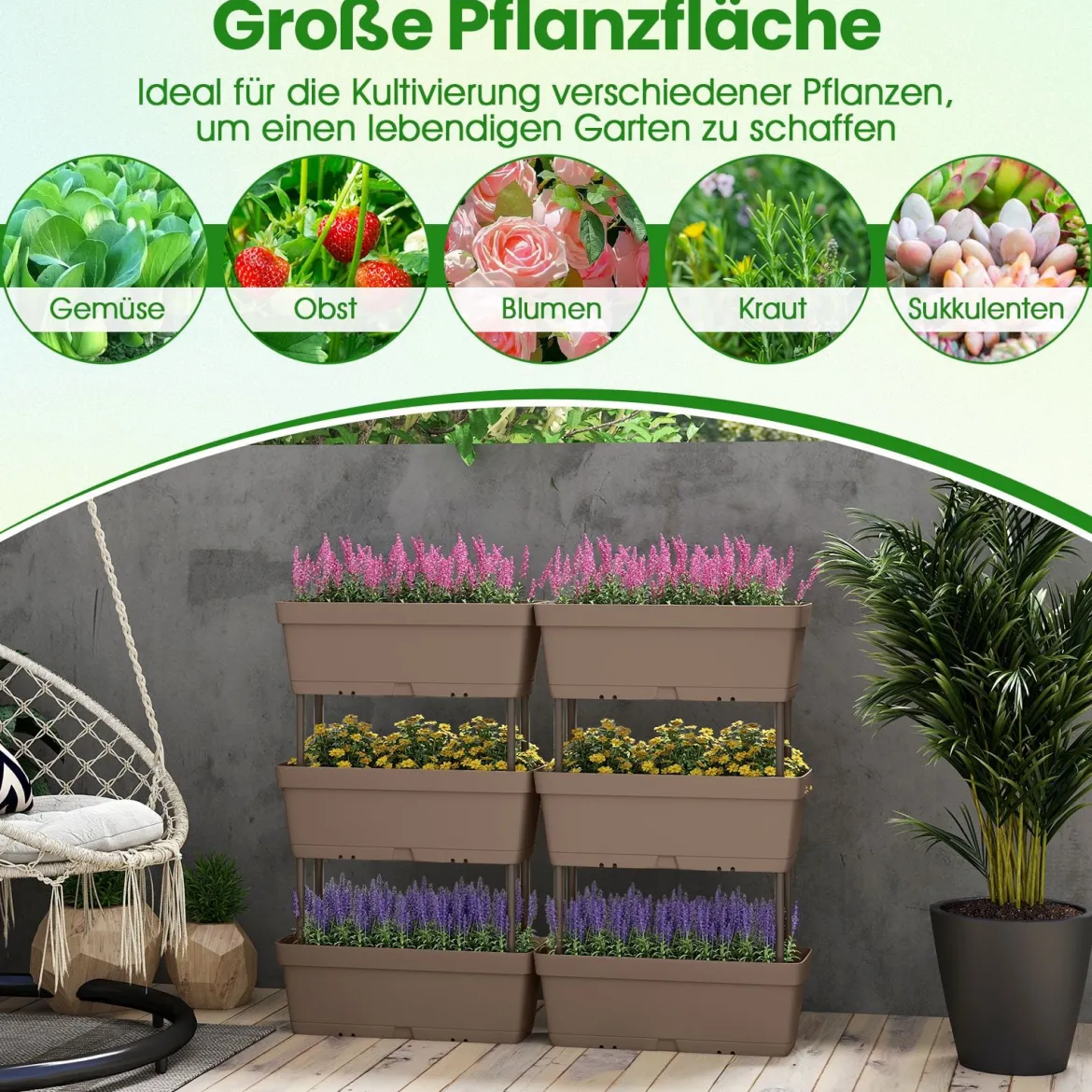 6 Stück Blumenkästen DIY-Design 49 cm lang Pflanzkästen mit Drainagesystem Blumentöpfe aus Kunststoff Grau