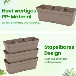 6 Stück Blumenkästen DIY-Design 49 cm lang Pflanzkästen mit Drainagesystem Blumentöpfe aus Kunststoff Grau
