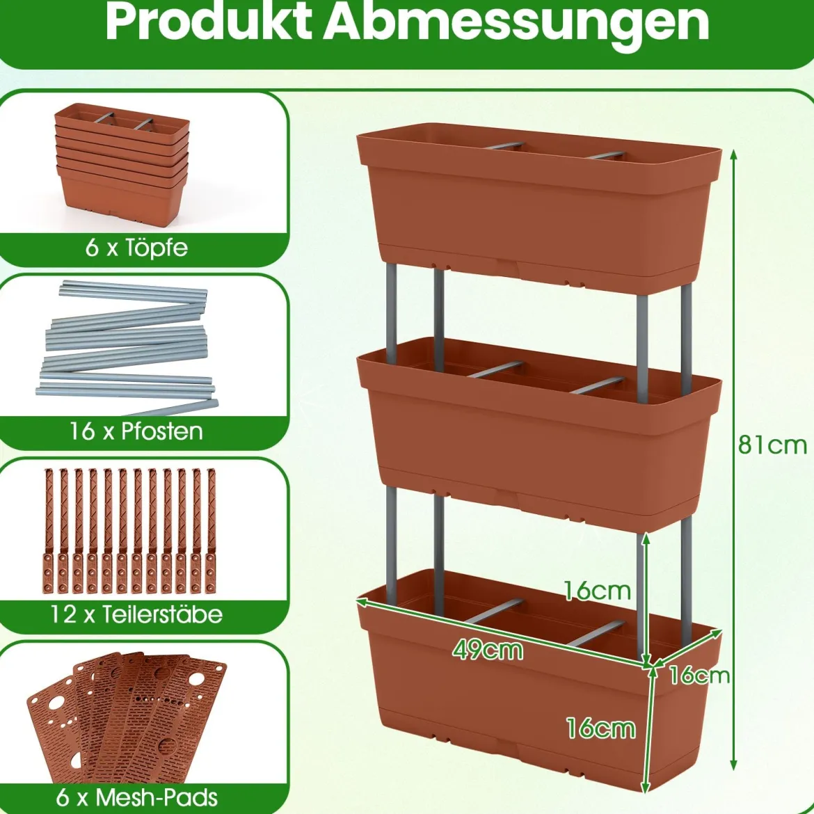 6 Stück Blumenkästen mit Drainagesystem Pflanzkästen Vertikales Hochbeet Pflanzkübel Braun