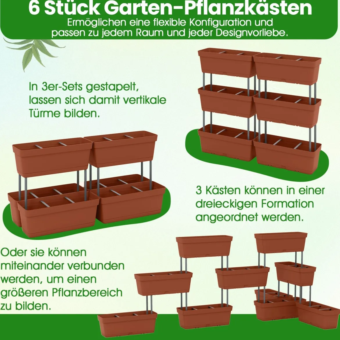 6 Stück Blumenkästen mit Drainagesystem Pflanzkästen Vertikales Hochbeet Pflanzkübel Braun