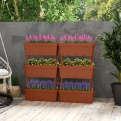 6 Stück Blumenkästen mit Drainagesystem Pflanzkästen Vertikales Hochbeet Pflanzkübel Braun