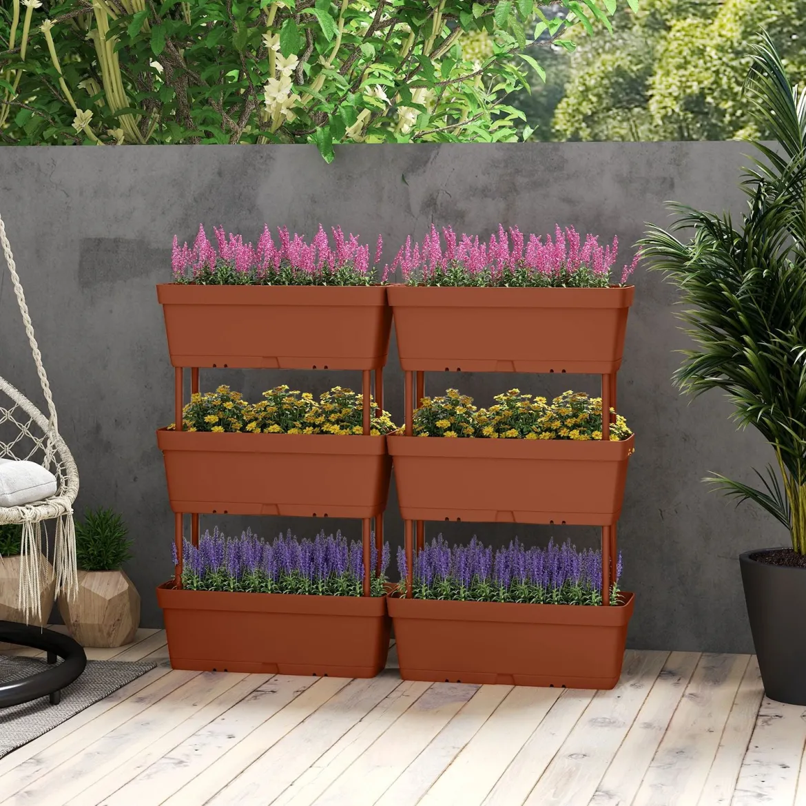 6 Stück Blumenkästen mit Drainagesystem Pflanzkästen Vertikales Hochbeet Pflanzkübel Braun