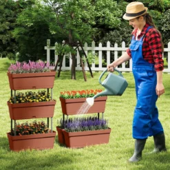 6 Stück Blumenkästen mit Drainagesystem Pflanzkästen Vertikales Hochbeet Pflanzkübel Braun