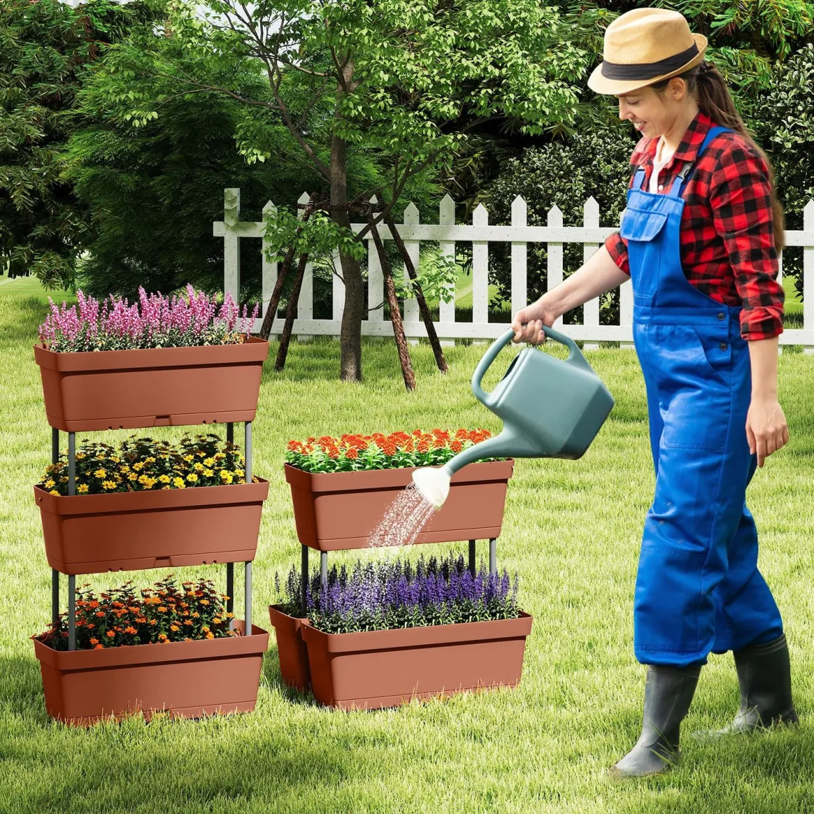 6 Stück Blumenkästen mit Drainagesystem Pflanzkästen Vertikales Hochbeet Pflanzkübel Braun