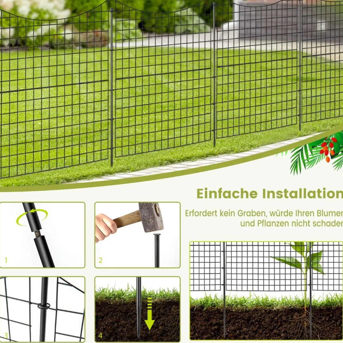 5 Stück Dekorativer Gartenzaun aus Metall Landschaftszaun 98 cm Hoch Schwarz