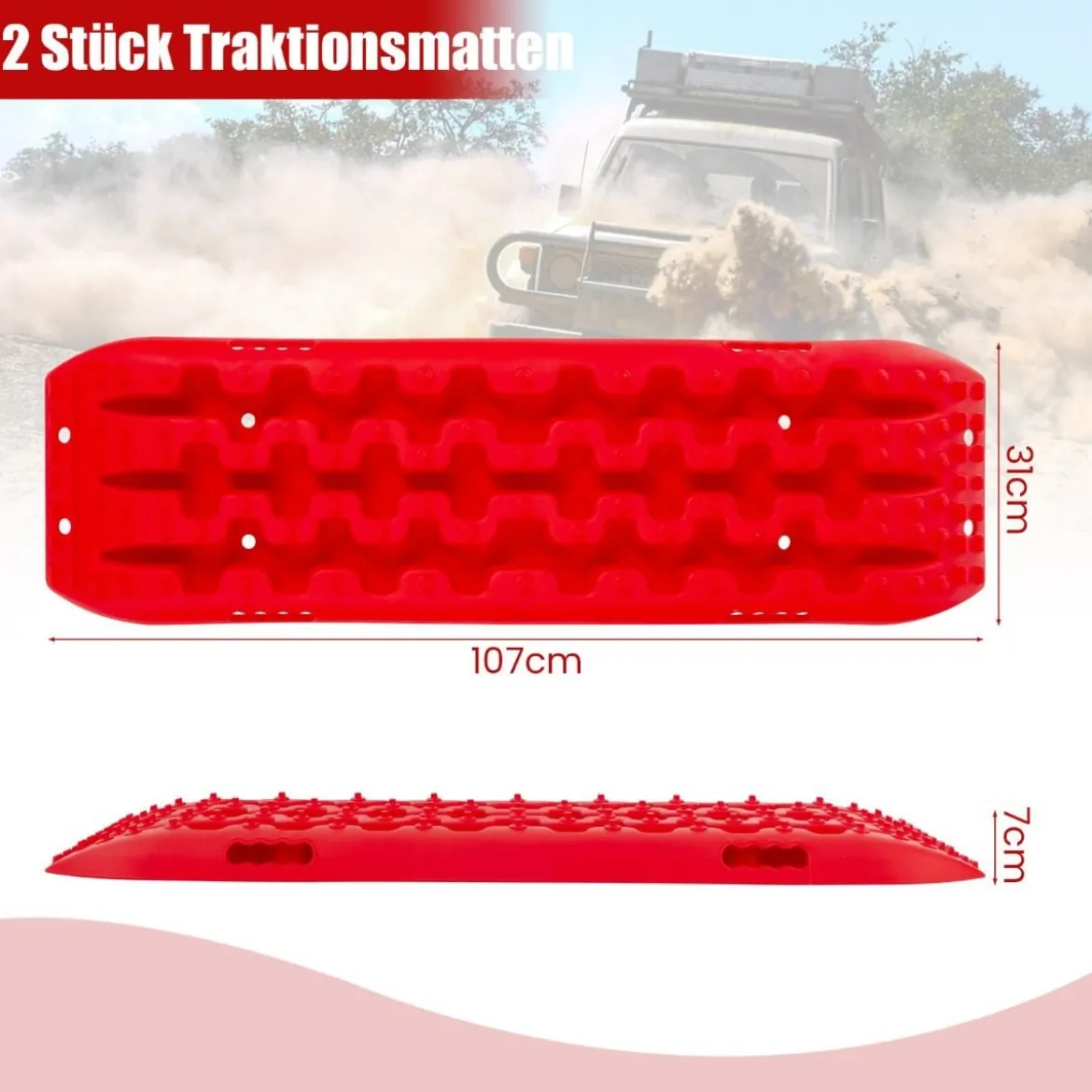 2 Stücke Anfahrhilfe Sandbleche Offroad Reifenleiter für Sand/Schlamm/Schnee 107 x 31 x 7 cm Rot