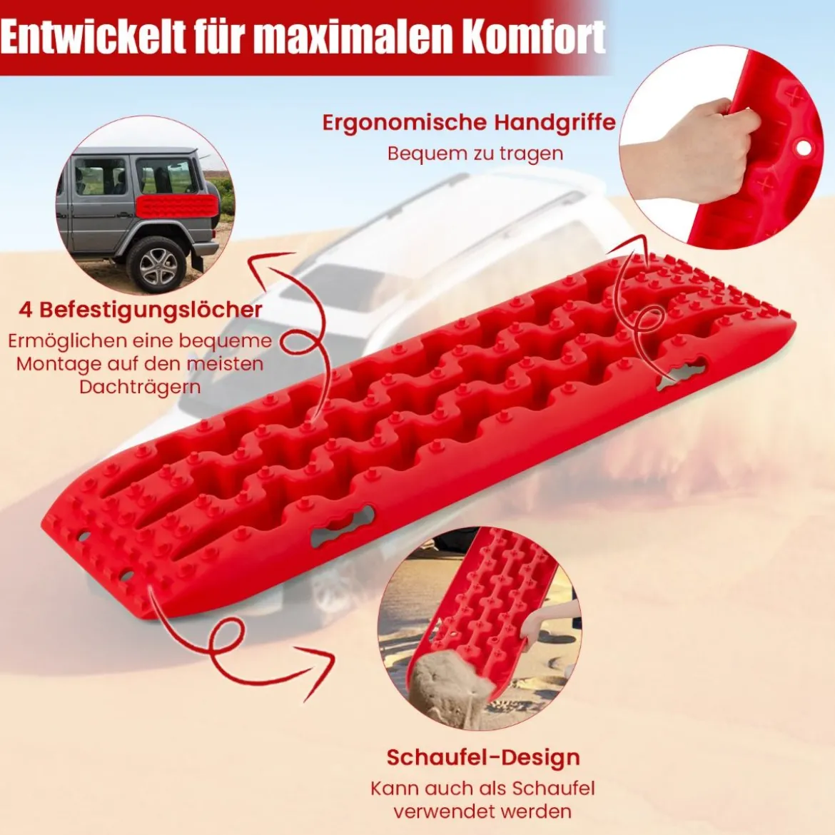 2 Stücke Anfahrhilfe Sandbleche Offroad Reifenleiter für Sand/Schlamm/Schnee 107 x 31 x 7 cm Rot